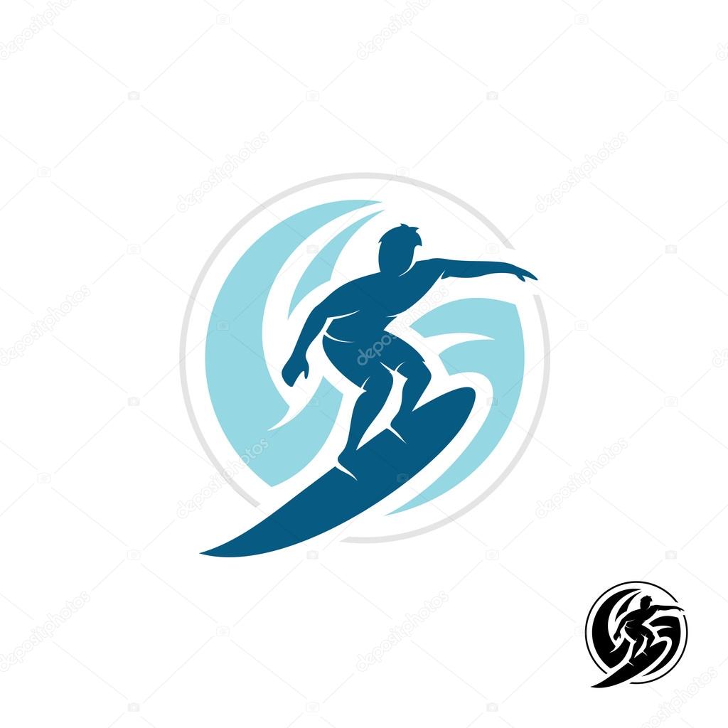 Surf logo with man silhouette, board and sea waves water twirl in a round shape.
