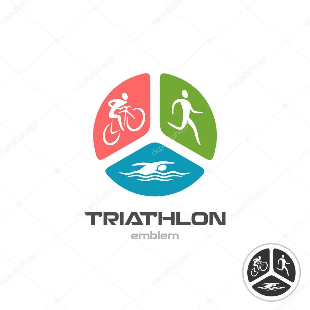 Triathlon sport logo. Cyclist, running and swimming man silhouettes.