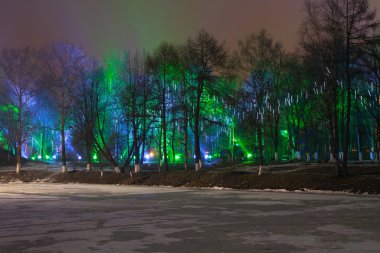 Parkta şenlikli ışıkları ile süslüdür
