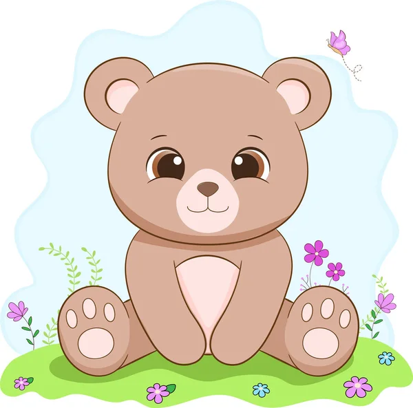 Illustration Cute Baby Bear Flowers Butterfly — Stock Vector