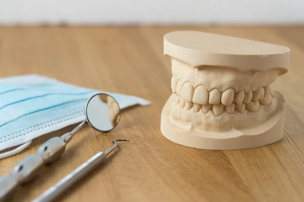 Dental mold with tools and a face mask — Stock Photo, Image