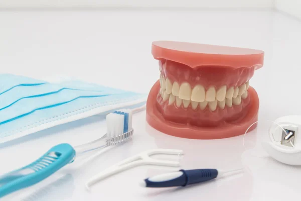 Set di denti falsi con strumenti di pulizia — Foto Stock