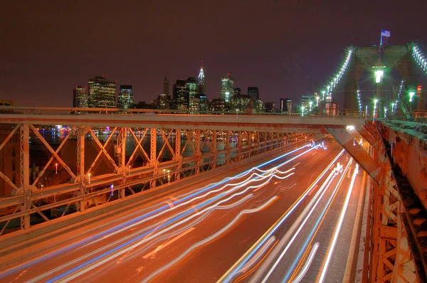 Vista Nocturna Edificios Emblematicos Manhattan Nueva York Desde Puente Brooklyn — Stockfoto