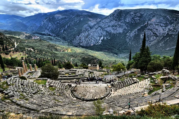 Vista Los Principales Monumentos Grecia Delfosz Delphi Teatro Delfos Fordította — Stock Fotó