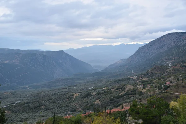 Vista Los Principales Monumentos Grecia Ruinas Delfos Delphi Monte Parnaso — Stock fotografie