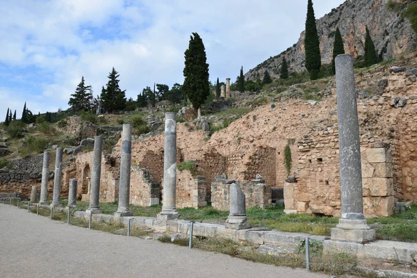 Vista Los Principales Monumentos Grecia Ruinas Delfos Delfi — Foto Stock