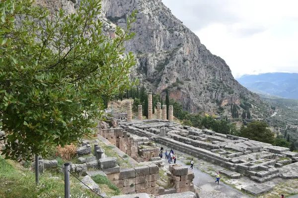 Vista Los Principales Monumentos Sitios Grecia Ruinas Delfos Delphi Oraculo — Stock Fotó
