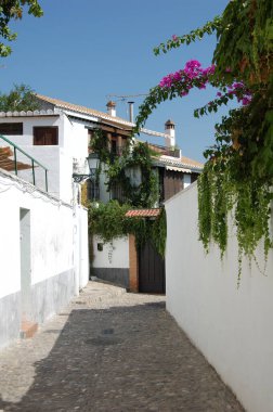 Granada 'nın en simgesel caddelerinin ve tarihi binalarının manzarası (Endülüs, İspanya). 