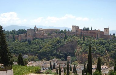 Granada 'nın en simgesel caddeleri ve tarihi binaları (Endülüs, İspanya). San Nicolas 'ın bakış açısından gelen Alhambra..