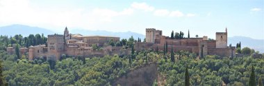Granada 'nın en simgesel caddeleri ve tarihi binaları (Endülüs, İspanya). San Nicolas 'ın bakış açısından gelen Alhambra..