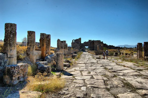 Panorámás Kilátás Ókori Római Romok Hierapolis Anatólia Törökország Pamukkale Természetes — Stock Fotó
