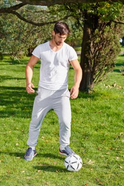 Adam, futbol oyuncu tekmeler topu güneşli bir günde yeşil çimenlerin üzerinde.