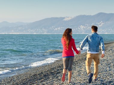 Güzel çift taşlı Sahilde yürüyüş. Arkadan Görünüm.