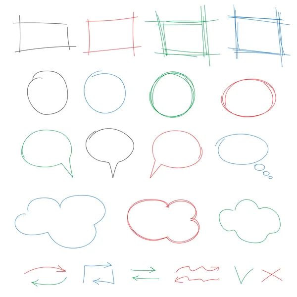 Hand dras färgglada design element insamling. Vector ramar, moln, bubblor och pilar isolerad på vit — Stock vektor