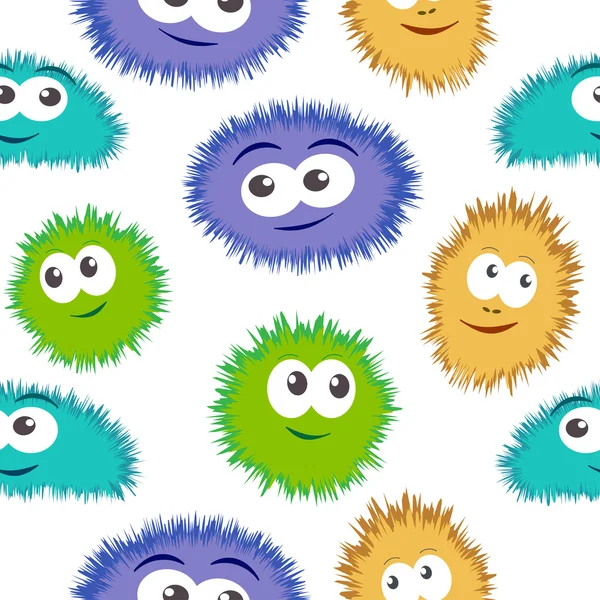 Pola bakteri mulus dengan wajah monster berwarna-warni. Latar belakang vektor dengan kuman lucu kartun, monster lucu - Stok Vektor