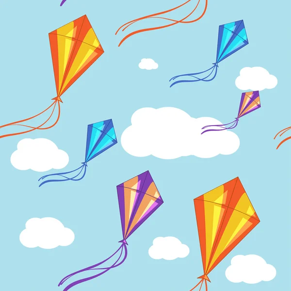 Seamless vector background with colorful kites in the blue sky. Seamless pattern, background, vector seamless texture — Stock Vector