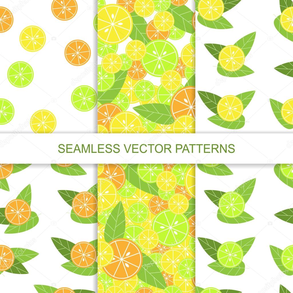 Set of seamless citrus pattern. Lemon pattern. Lime pattern. Orange pattern. Vector illustration