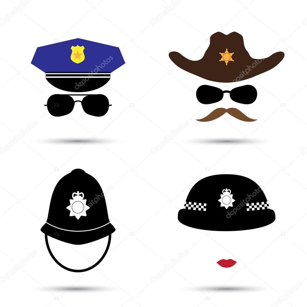 Vector of Set of colorful vector icons isolated on white. Policeman icon. Sheriff icon. Cowboy icon. British police Set of colorful vector icons isolated on white. Policeman icon. Sheriff icon. Cowboy icon. British police helmet stock vector
