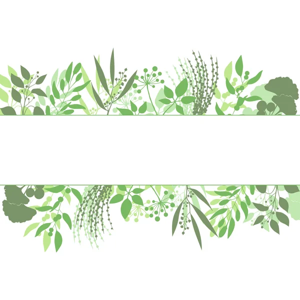 Green rectangle frame with collection of plants. Silhouette of branches isolated on white background — Stock Vector