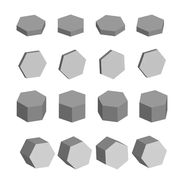 Hexagon. Monochrome set of geometric prism shapes — Stock Vector