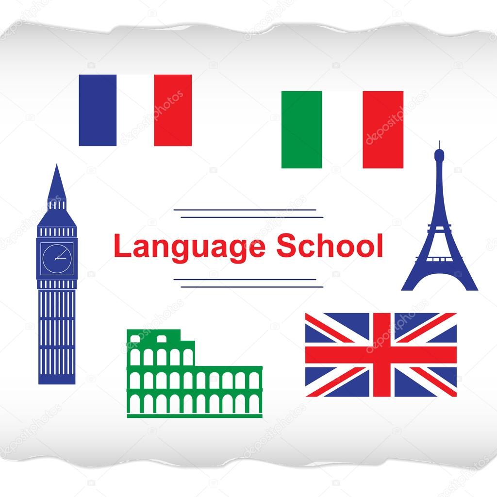 Language school poster, banner with flags and icons of Italy, France, England. Vector illustration