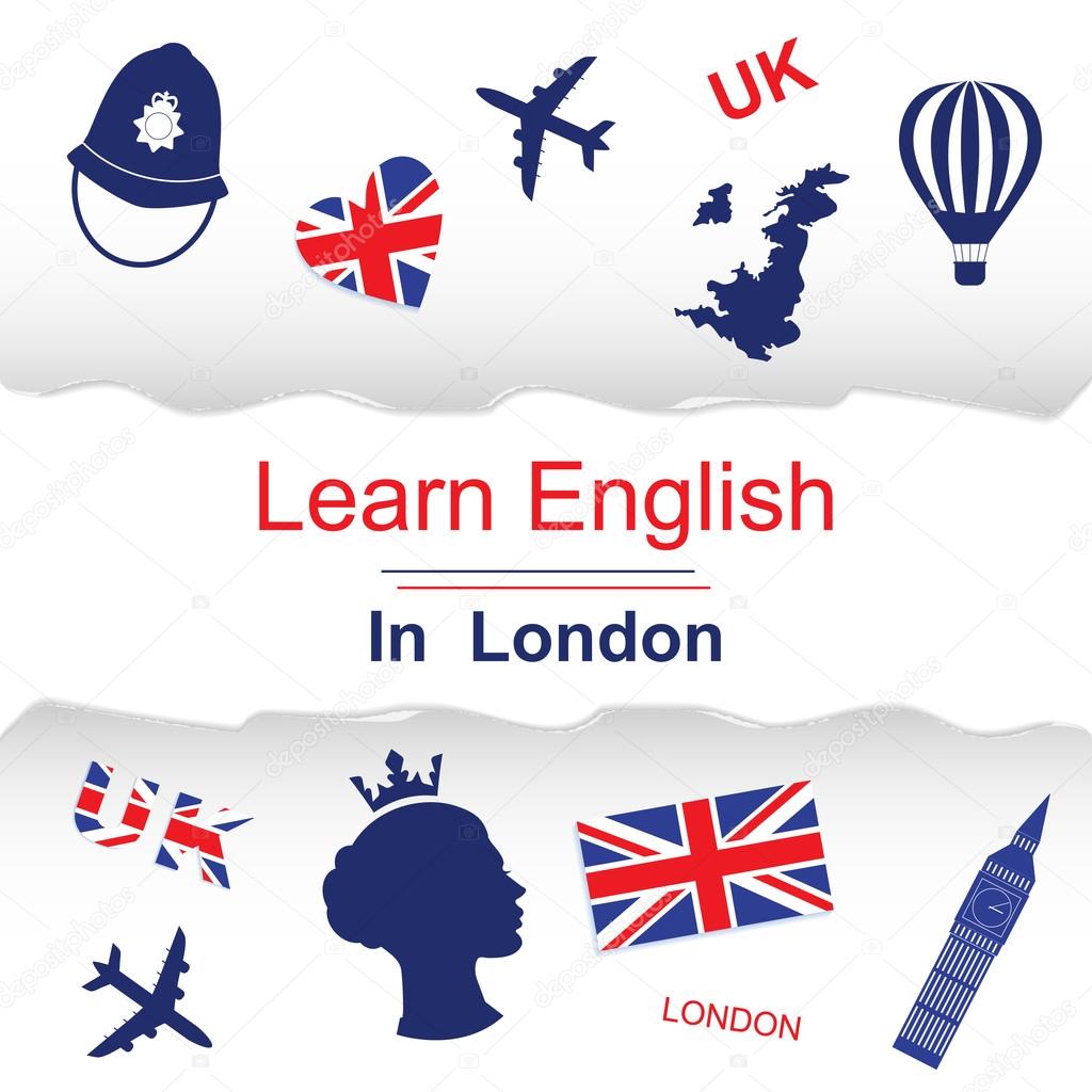 Learn english in London poster, banner with icons of England. Vector illustration