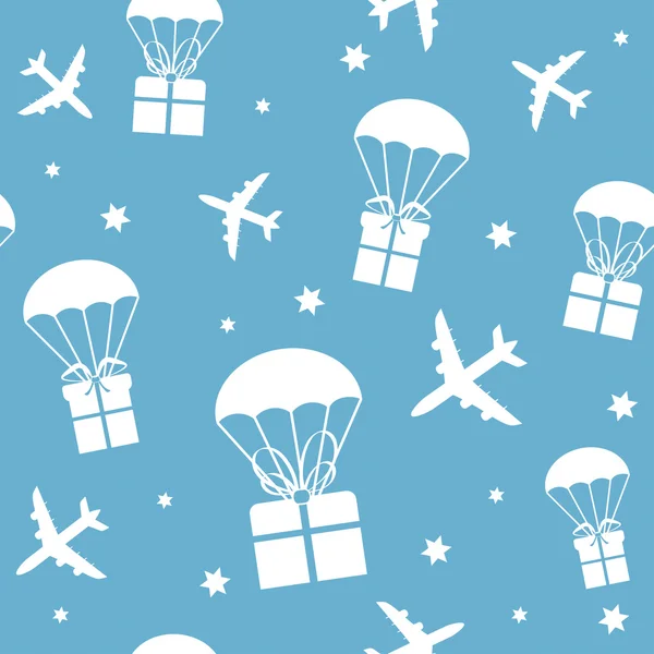 Aviões de desenhos animados e paraquedas com caixas de presente —  Vetores de Stock