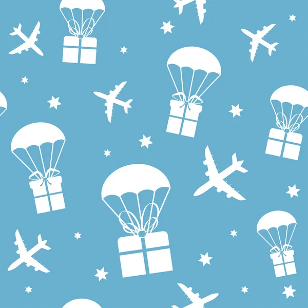 Cartoon van vliegtuigen en parachutes met geschenkdozen — Stockvector