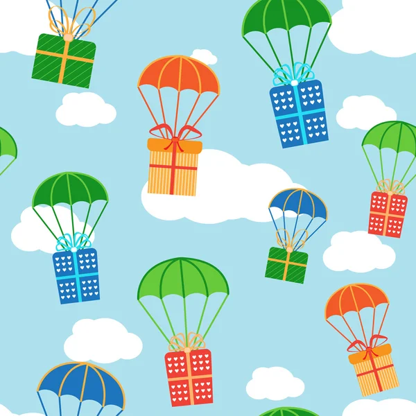 Paraquedas coloridos desenhos animados com caixas de presente —  Vetores de Stock