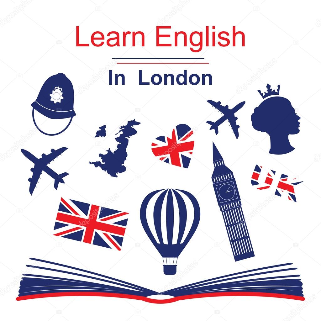 Learn english in London poster, banner with icons of England. Vector illustration isolated on white