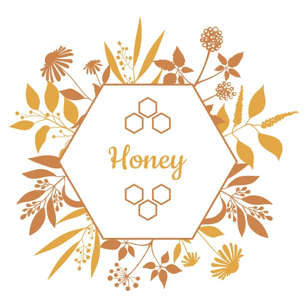 Etiqueta de mel com plantas e flores — Vetor de Stock