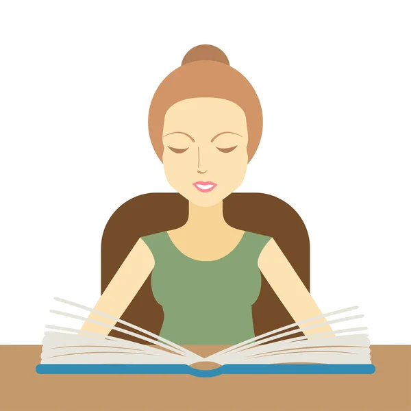 Женщина, читающая книгу за столом — стоковый вектор