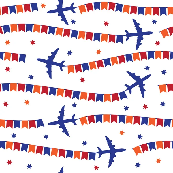 Avião com bandeiras coloridas padrão sem costura —  Vetores de Stock