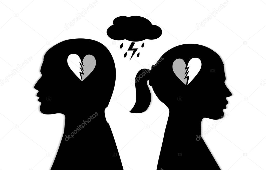 Man and woman black icons. Silhouette of a couple with broken heart vector illustration isolated on white