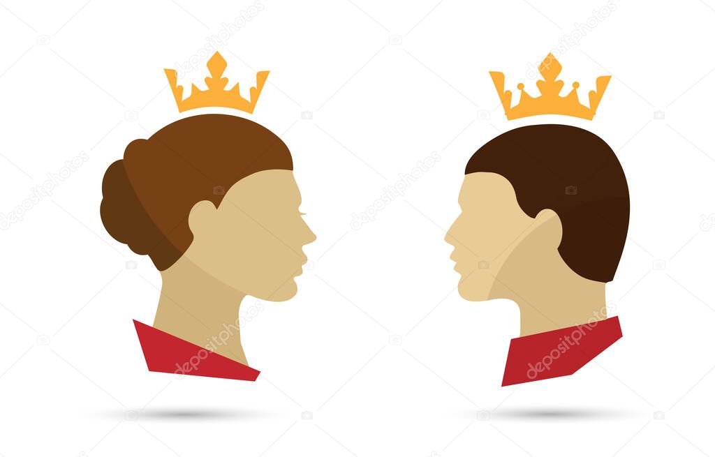 King and queen heads, king and queen face, colorful silhouette of king and queen. Royal family. Vector icons isolated on white