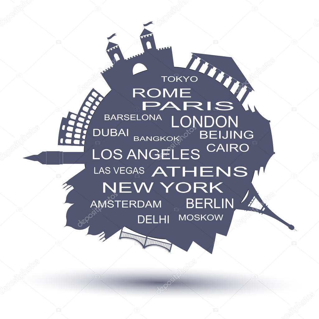 Travel agency round logo. Famouse places vector illustration