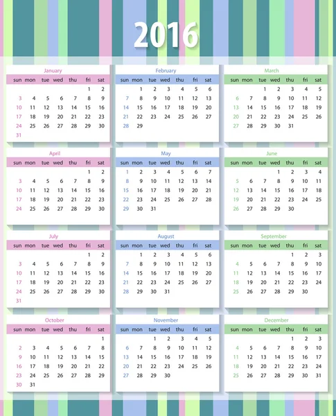 Календарь 2016, начиная с воскресенья — стоковый вектор