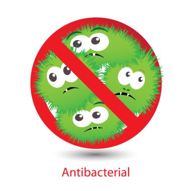 Komik karikatür bakteri antibakteriyel işaretiyle.
