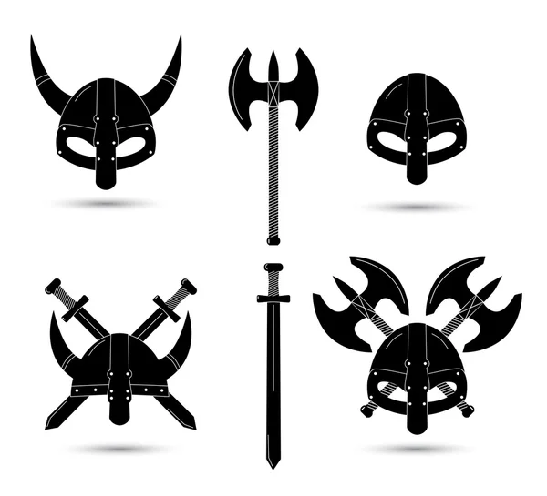Beyaz arka plan üzerinde izole tek renkli viking öğeleri kümesi vektör