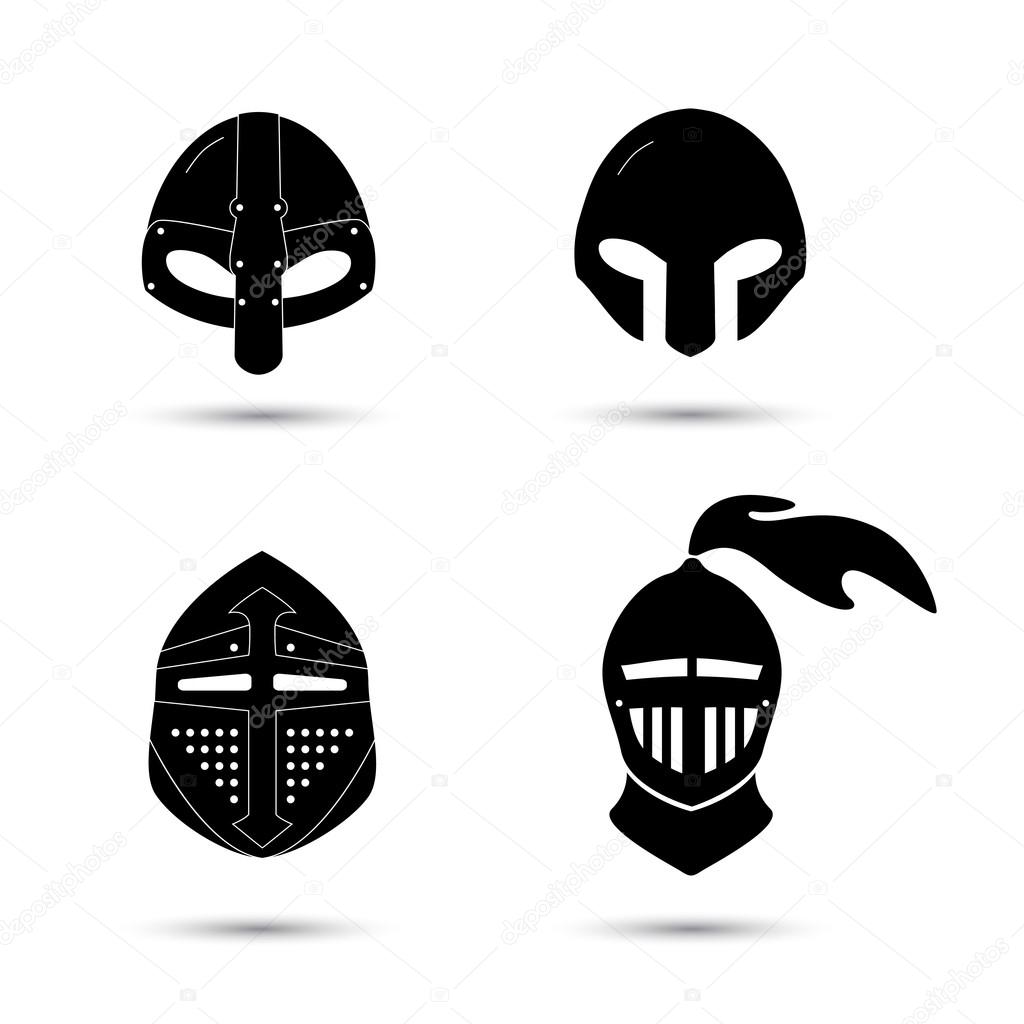 Vector set of monochrome knight helmets isolated on white. Black icons of cavalier