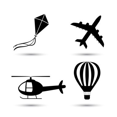 Vektör Icon set uçak, helikopter, hava balonu ve uçurtma