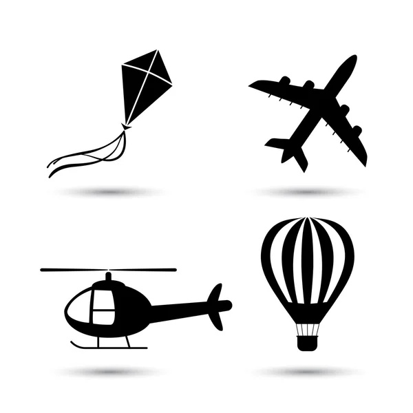 Vliegtuig, helikopter, luchtballon en kite vector icon set — Stockvector