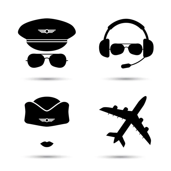 Aeromoça, piloto, ícones de vetor de avião — Vetor de Stock