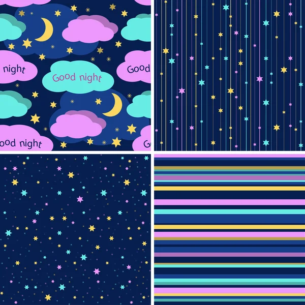 Bonne nuit ensemble de motif sans couture. milieux vectoriels sans couture avec des étoiles colorées et des rayures — Image vectorielle