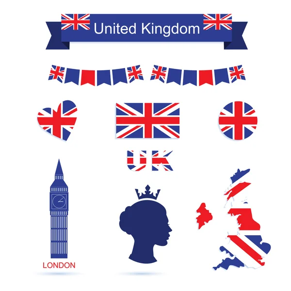 Símbolos del Reino Unido Conjunto de iconos de bandera británica . — Vector de stock