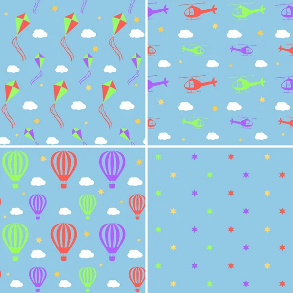 Ensemble de motifs vectoriels sans couture avec hélicoptères, montgolfières, cerfs-volants et étoiles — Image vectorielle