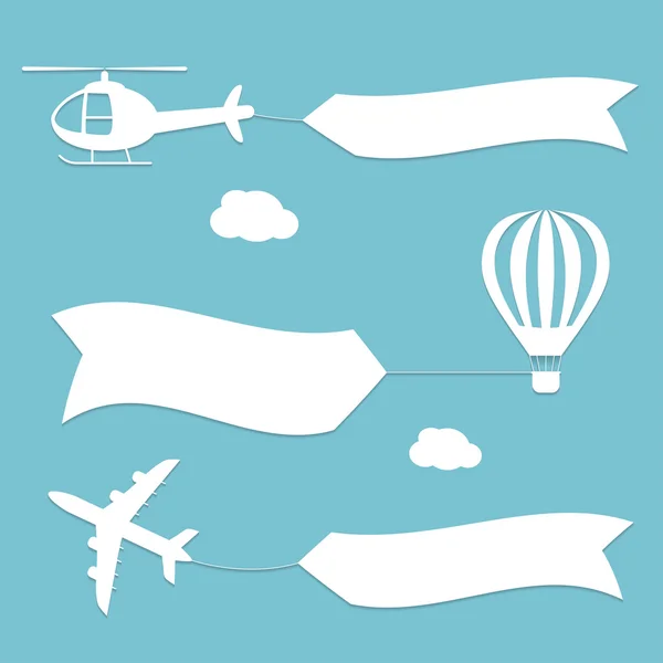 Plane, air balloon and helicopter flying with advertising banners. — Stock Vector
