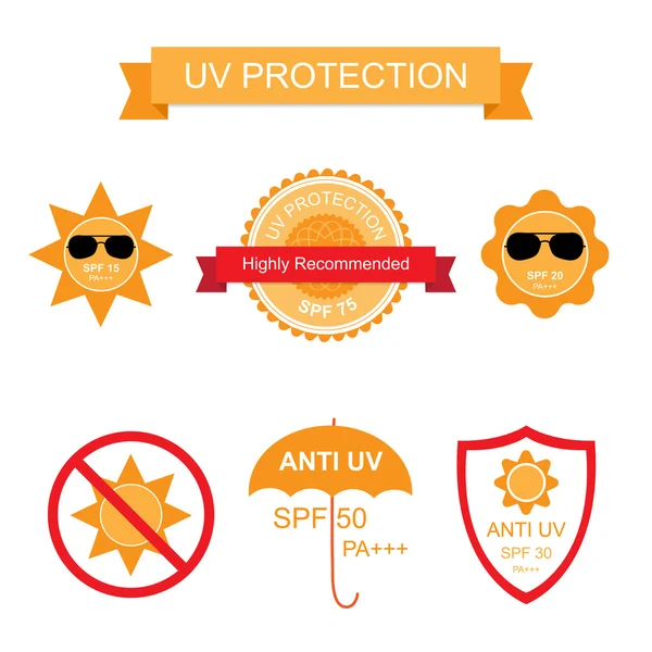 Instellen van UV-bescherming tegen de zon en anti-UV-pictogrammen — Stockvector