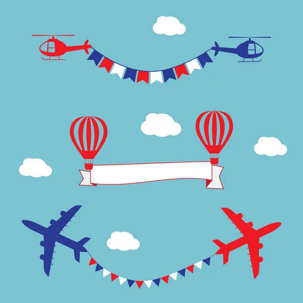 Plan, air ballonger och helikoptrar flyger med annonsering av banret och flaggor. — Stock vektor