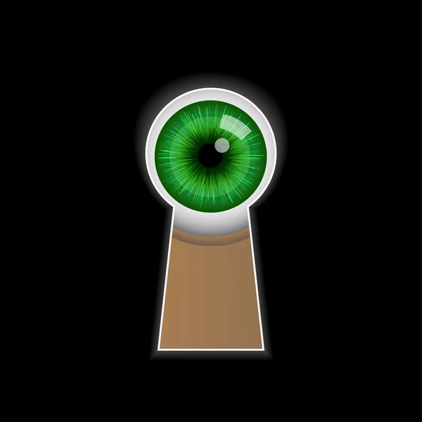 Kreskówka zielone oko zaglądające przez dziurkę od klucza. — Wektor stockowy